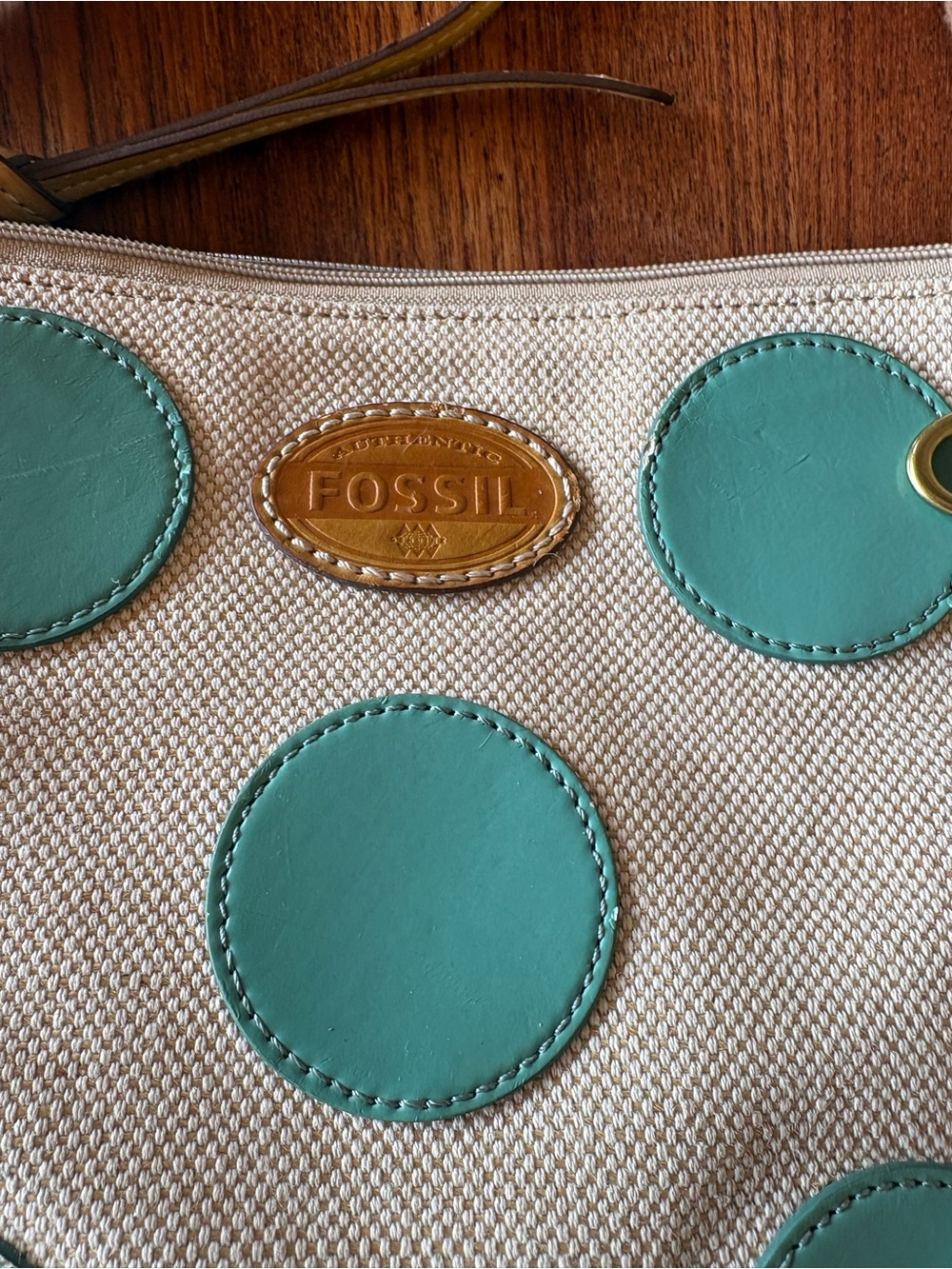 Fossil Cream Canvas Crossbody with Teal Polka Dots and Pink Trim - Picture 8 of 8